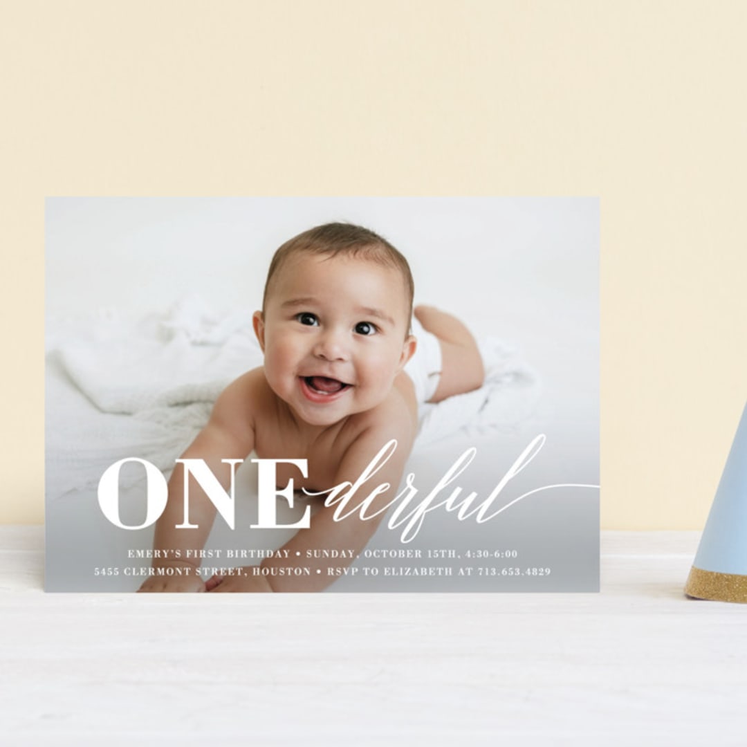 "Onederful" - Children's Birthday Party Invitations in Cloud by Susan Asbill - Front