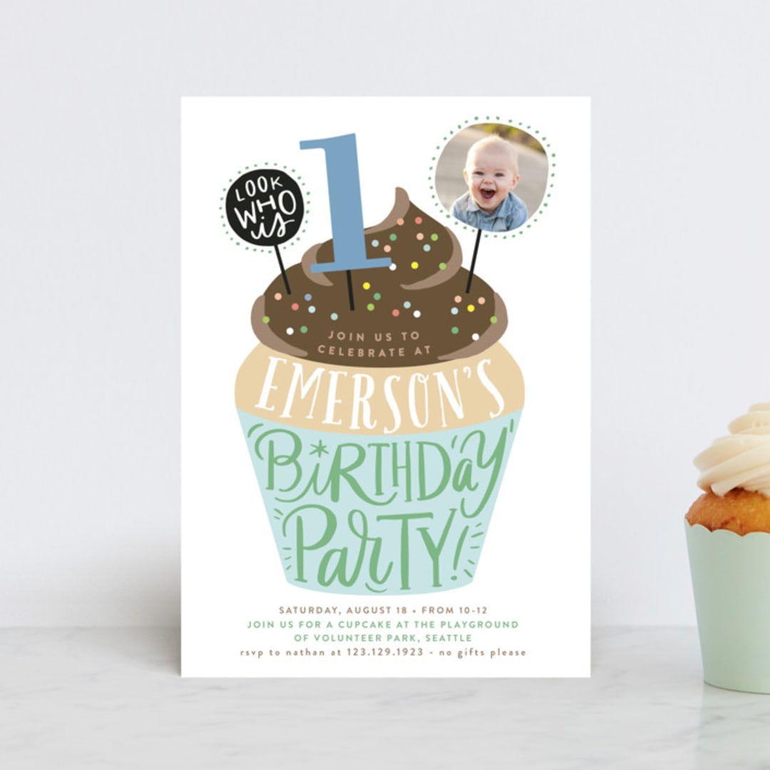 "Cupcake Topper" - Children's Birthday Party Invitations in Turquoise by Alethea and Ruth - Front
