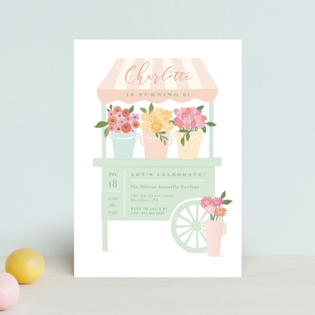 "Petite flower cart" - Children's Birthday Party Invitations in Grass by Jennifer Wick - Front