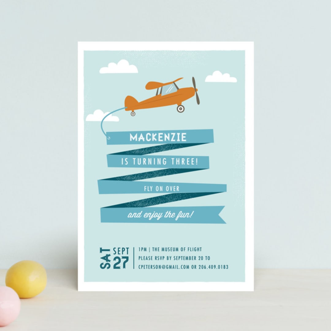 "Airplane News Stream" - Children's Birthday Party Invitations in Sky by Karidy Walker - Front