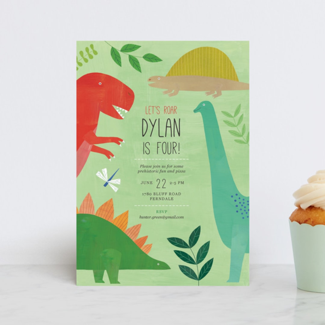 "Let's Roar DInosaur" - Children's Birthday Party Invitations in Forest by melanie mikecz - Front