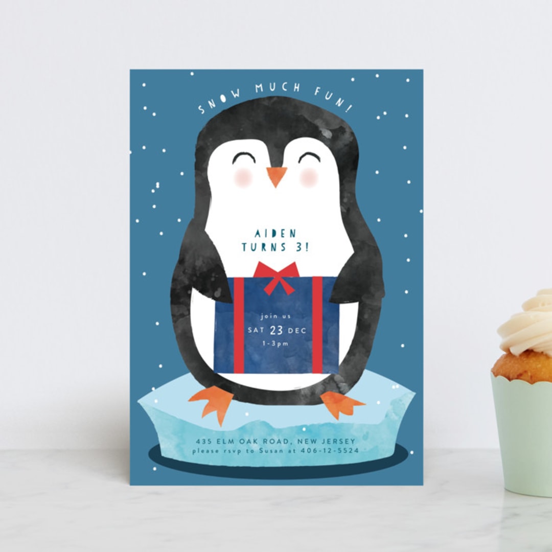 "snow much fun" - Children's Birthday Party Invitations in Navy by Kanika Mathur - Front