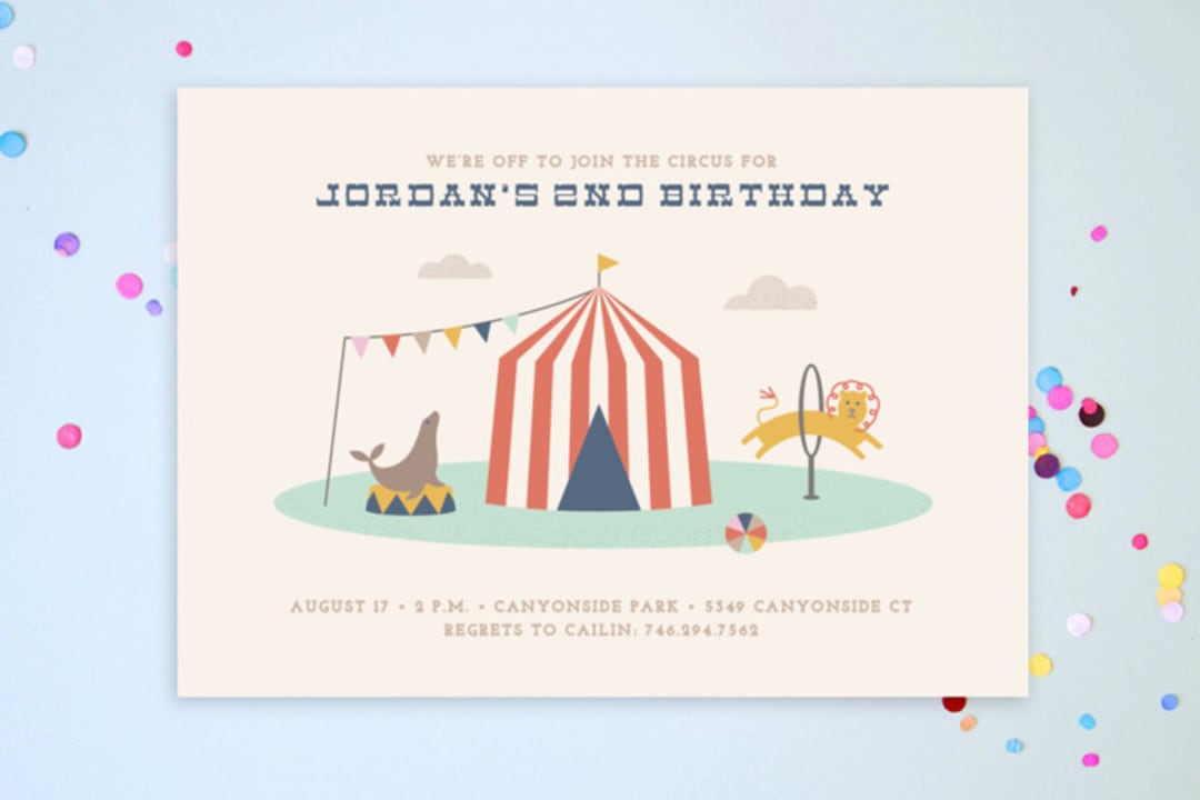 "Off to Join the Circus" - Children's Birthday Party Invitations in Navy by Amber Barkley - Front