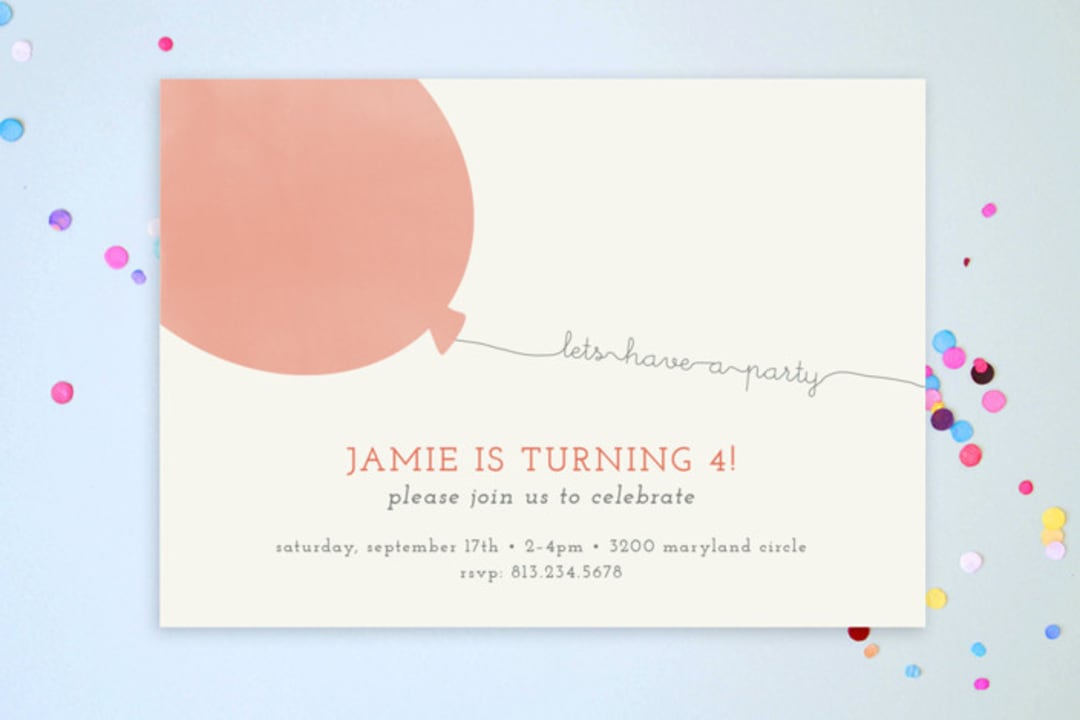 "Simple Balloon" - Children's Birthday Party Invitations in Coral by Brianne Larsen - Front