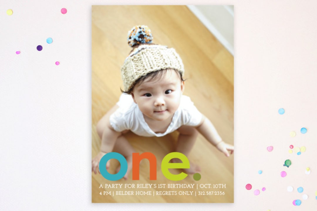 "Colorful One" - Children's Birthday Party Invitations in Teal by Denise Malacrea - Front