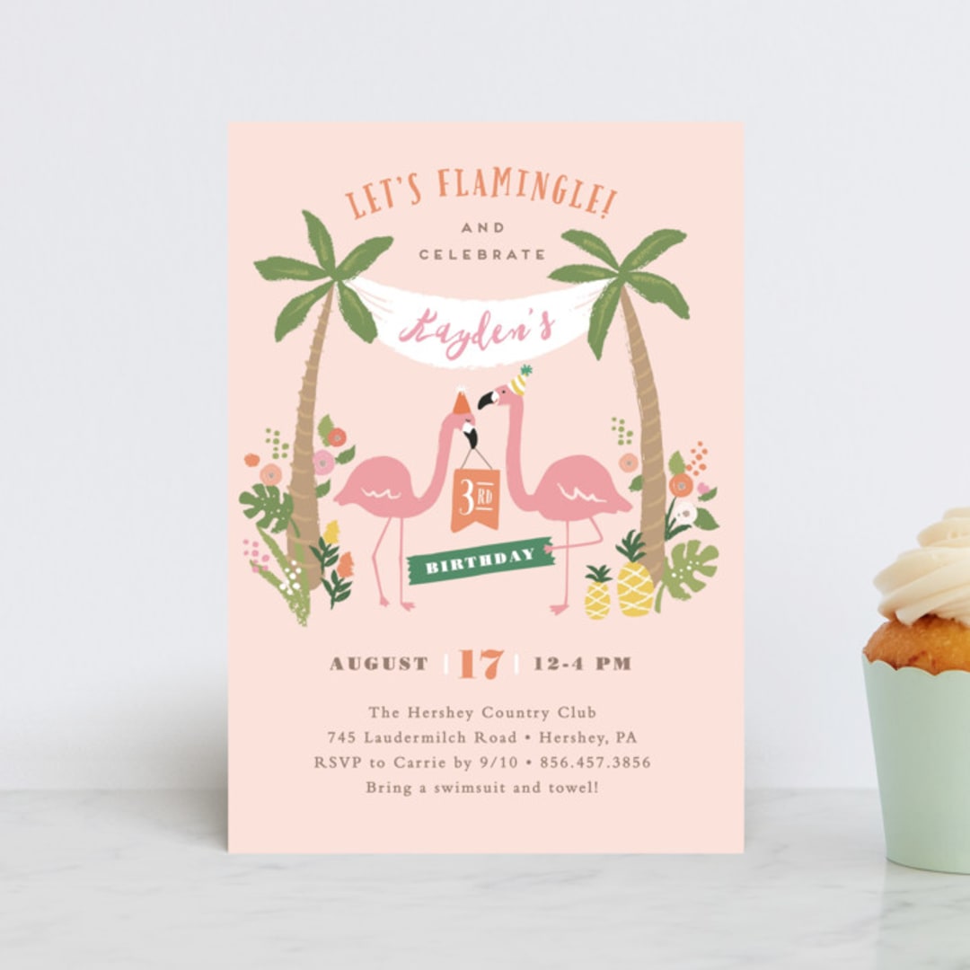 "Let's flamingle!" - Children's Birthday Party Invitations in Cotton Candy by Jennifer Wick - Front