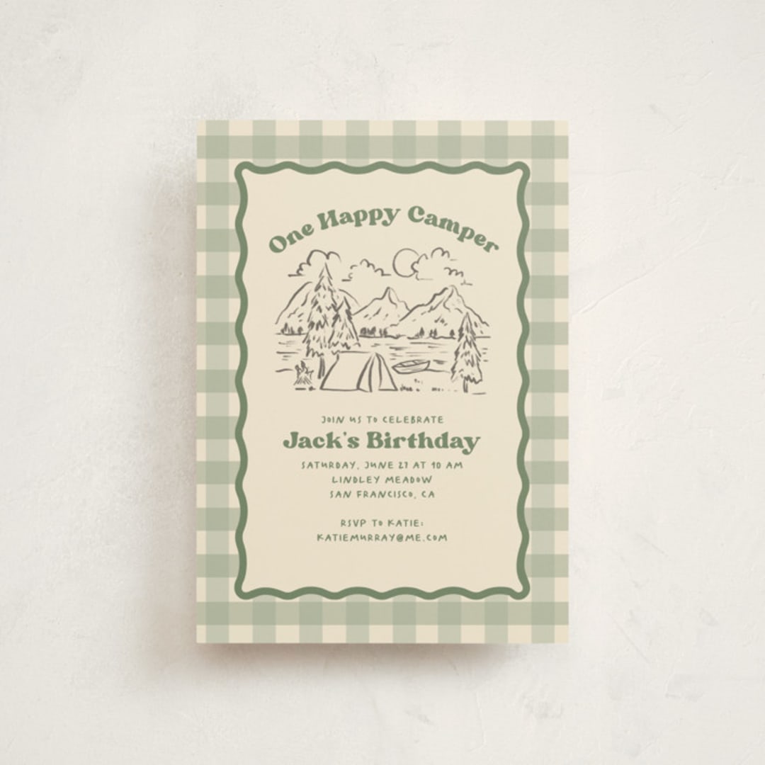 "One Happy Camper" - Children's Birthday Party Invitations in Sage by Creo Study - Front