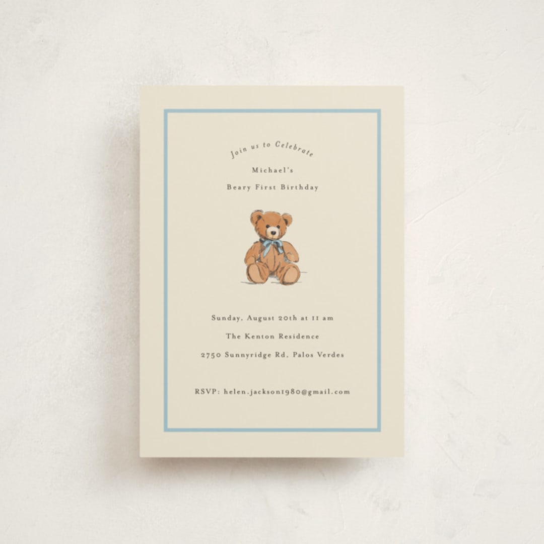 "Antique Teddy Bear" - Children's Birthday Party Invitations in Frost by Becky Nimoy - Front