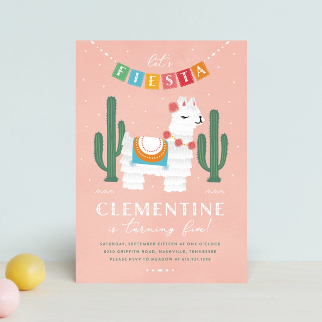 "Llama Piñata" - Children's Birthday Party Invitations in Strawberry by Jennifer Lew - Front