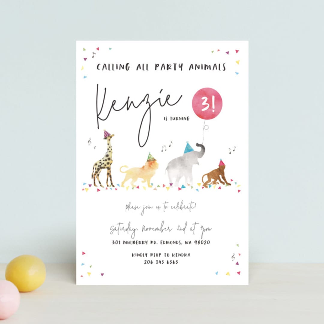 "Party Animals Marching to the Music" - Children's Birthday Party Invitations in Gumdrops by Maggie Maeve - Front