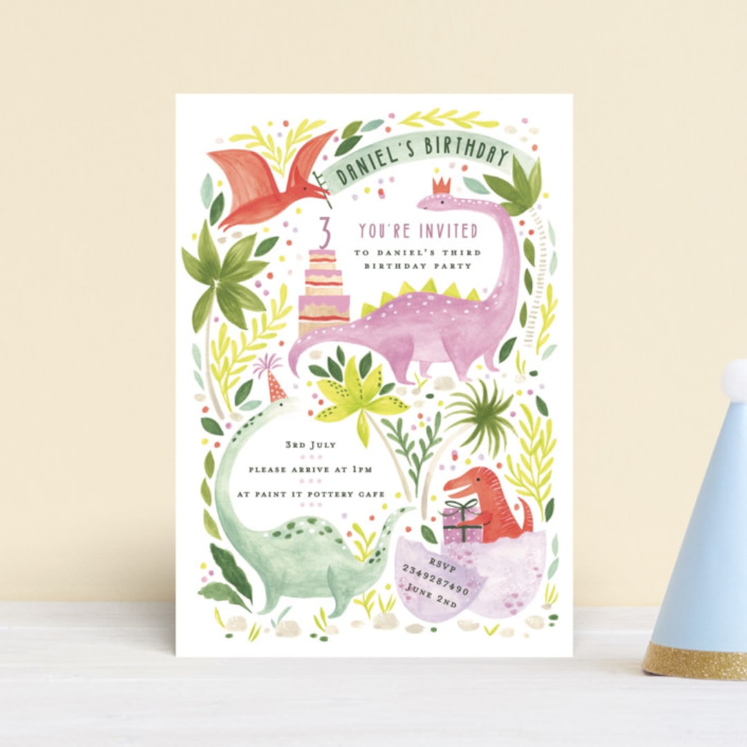 "Party Dinos" - Children's Birthday Party Invitations in Forest by Sarah Knight - Front