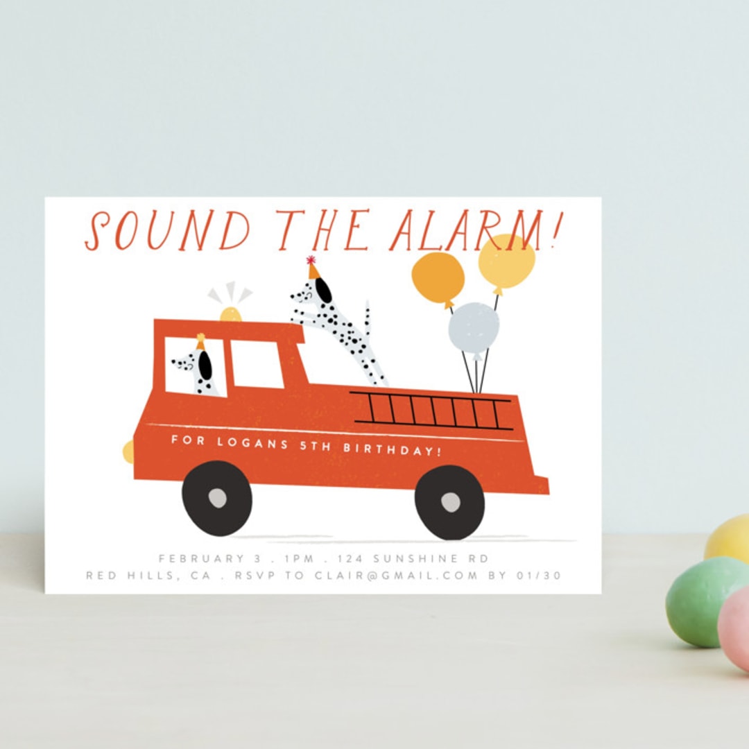 "Sound The Alarm!" - Children's Birthday Party Invitations in Dalmatian by Angela Thompson - Front