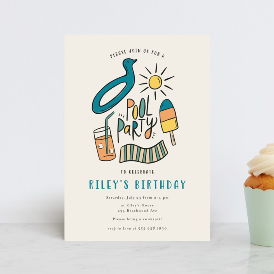 "It's a Pool Party" - Children's Birthday Party Invitations in Poolside by Kristen Knechtel - Front