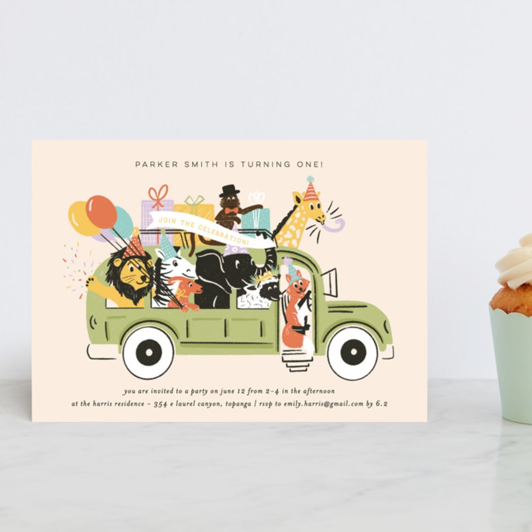 "Birthday Bus" - Children's Birthday Party Invitations in Sour Apple by Shiny Penny Studio - Front