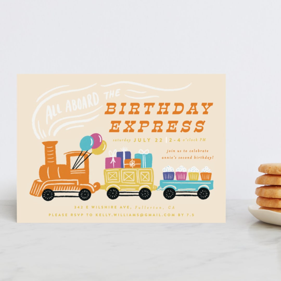"The Birthday Express" - Children's Birthday Party Invitations in Sunset by Shiny Penny Studio - Front
