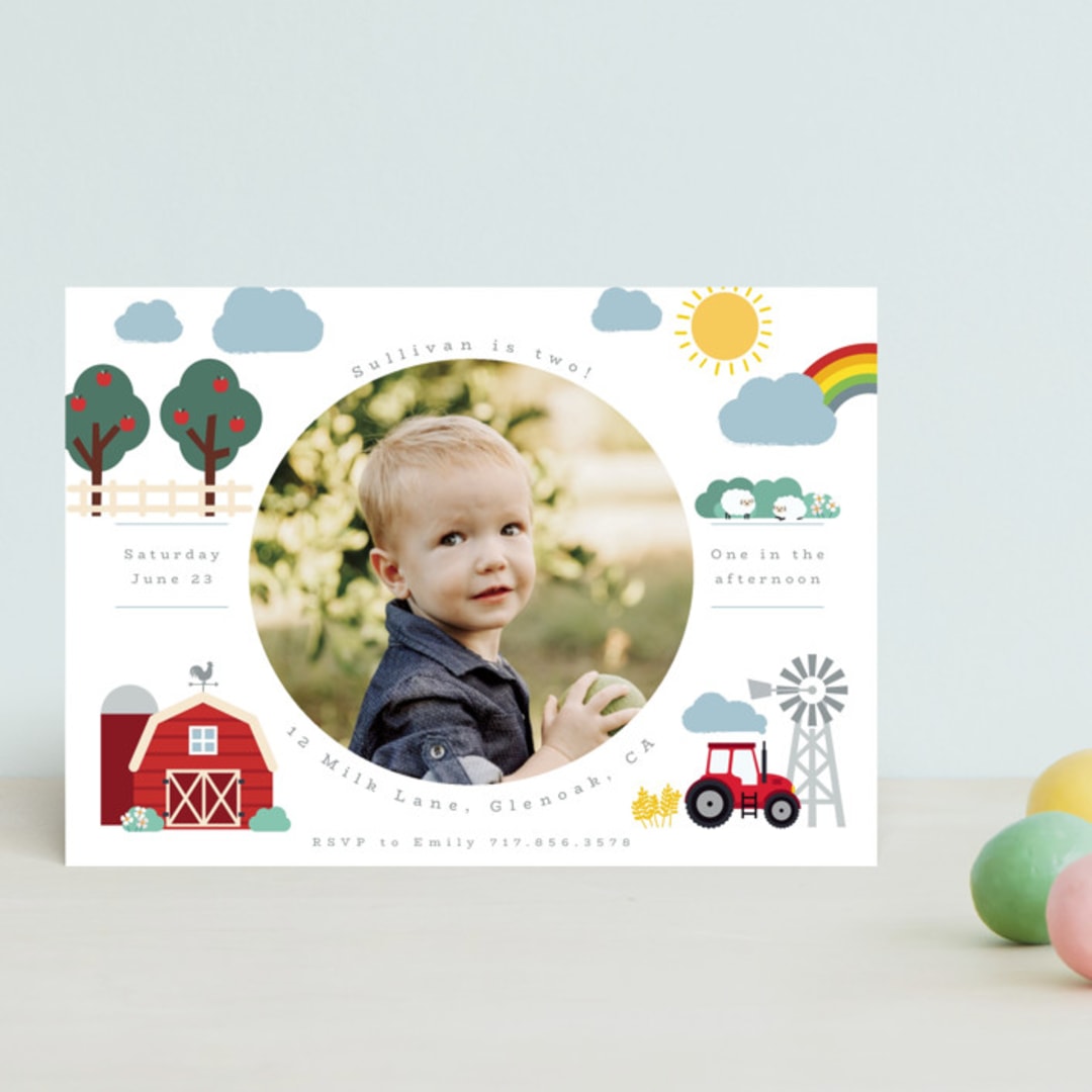 "Down by the farm" - Children's Birthday Party Invitations in Rainbow by Hudson meet Rose - Front