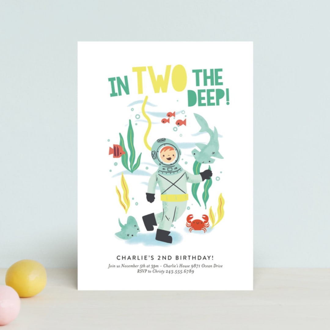 "Deep Dive" - Children's Birthday Party Invitations in Sea Green by Itsy Belle Studio - Front