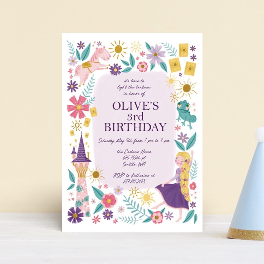 "Disney's Tangled Floral Birthday Invite" - Children's Birthday Party Invitations in Lilac by Katherine Dietz - Front