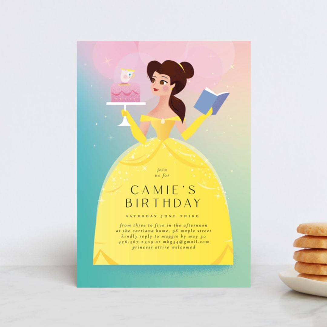 "Belle from Disney's Beauty And The Beast" - Children's Birthday Party Invitations in Teal by Lori Wemple - Front