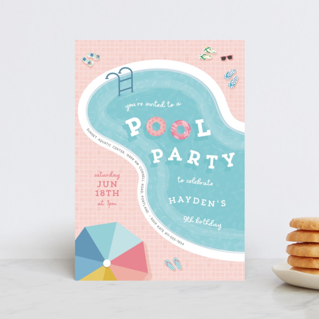 "Cool Pool Party" - Children's Birthday Party Invitations in Coral by Lisa McLean - Front