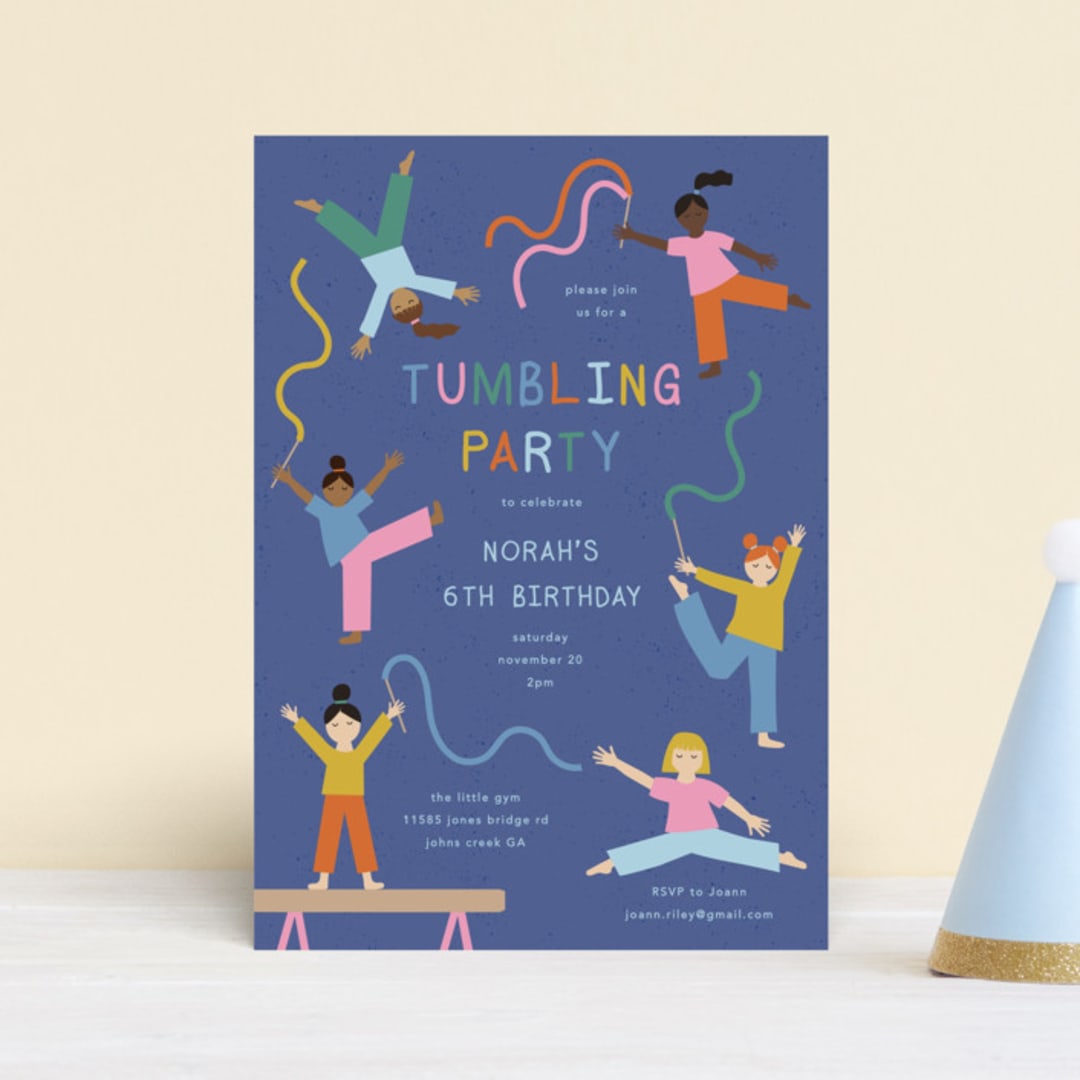 "Tumbling Party" - Children's Birthday Party Invitations in Blueberry by Kelly Watkins - Front
