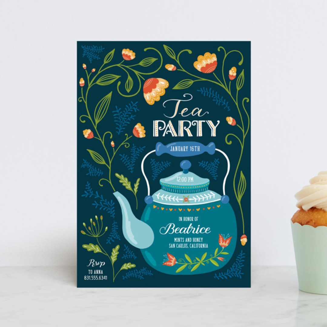 "Garden Tea Party" - Children's Birthday Party Invitations in Lake by Erin Deegan - Front