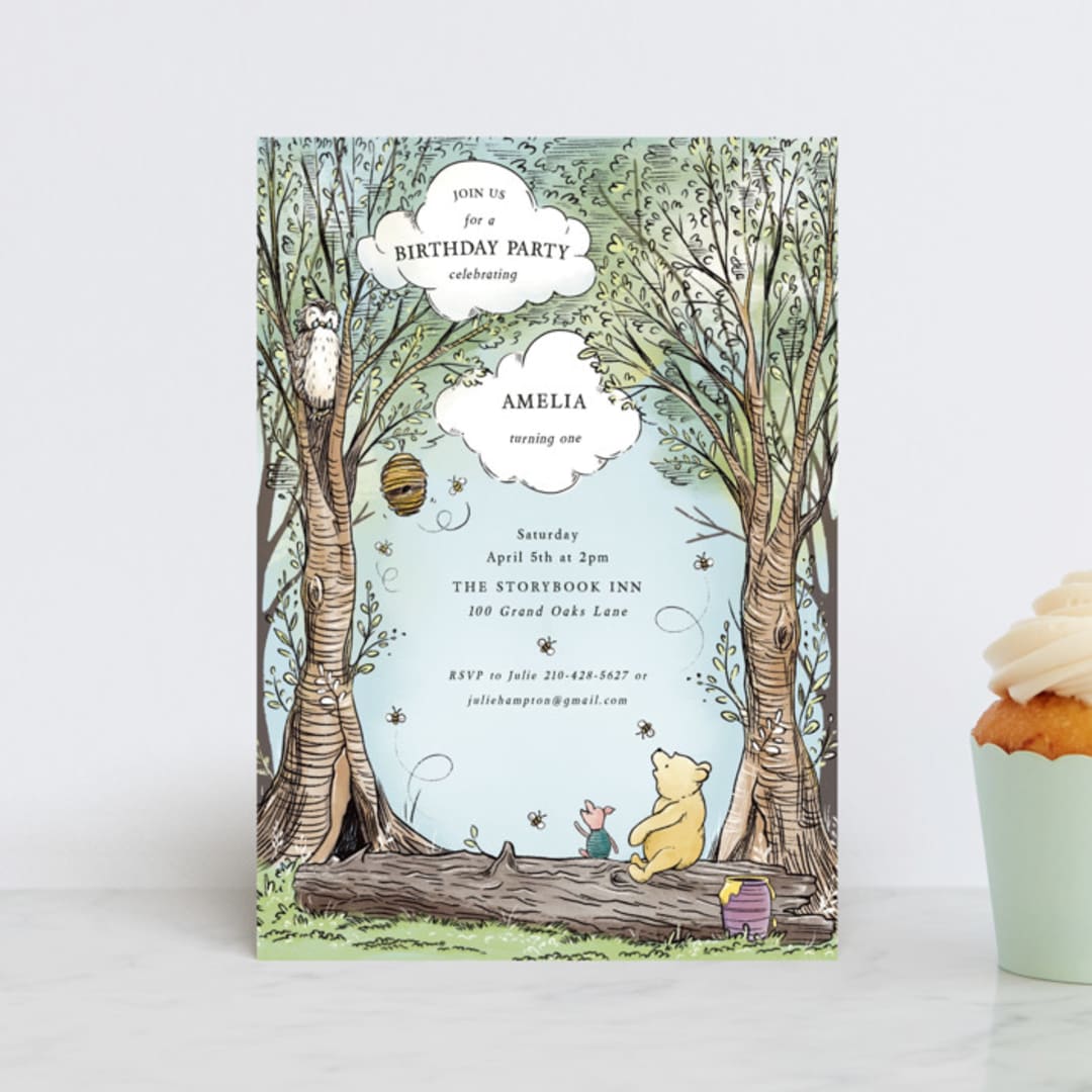 "Disney's Winnie the Pooh in the Wood" - Children's Birthday Party Invitations in Sky by Becky Nimoy - Front