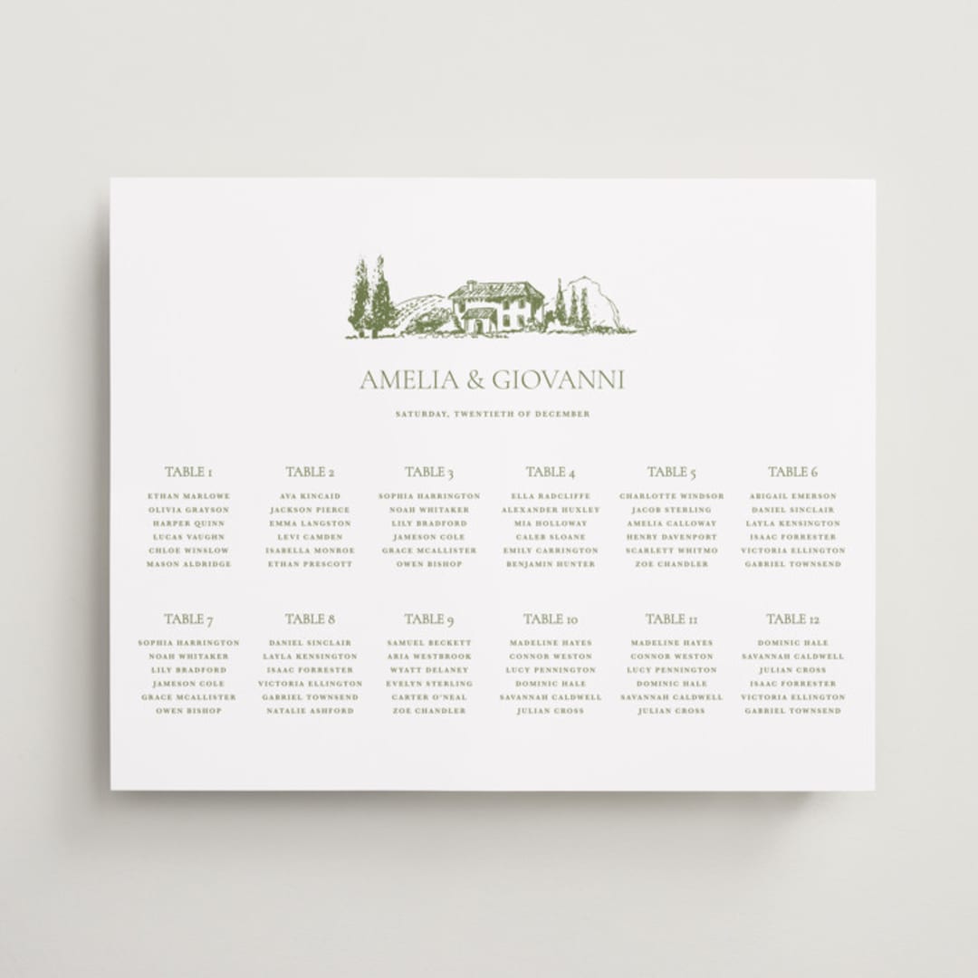 "Vineyard Elegance" - Custom Seating Charts in Olive by Lucrecia Caporale - Front