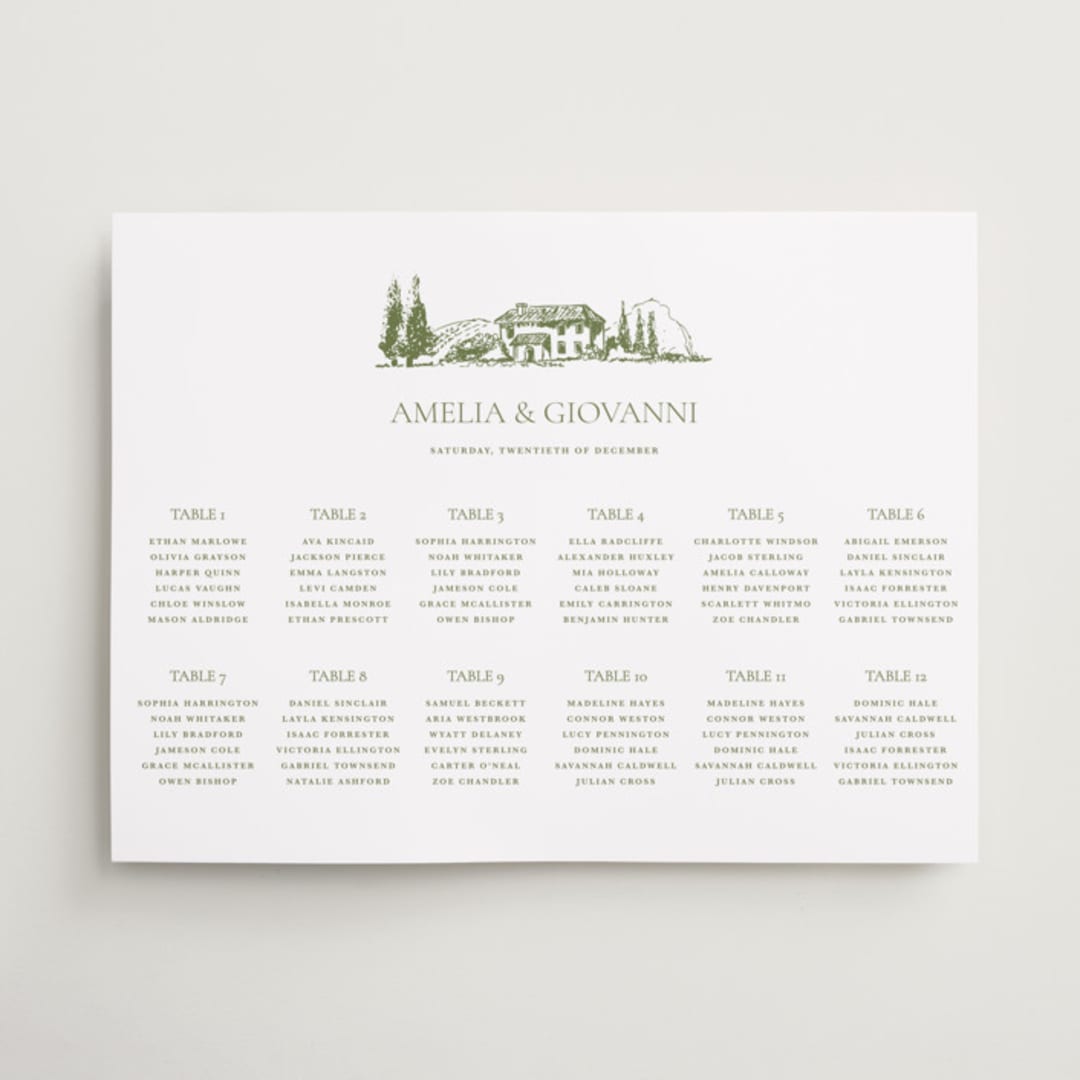 "Vineyard Elegance" - Custom Seating Charts in Olive by Lucrecia Caporale - Front