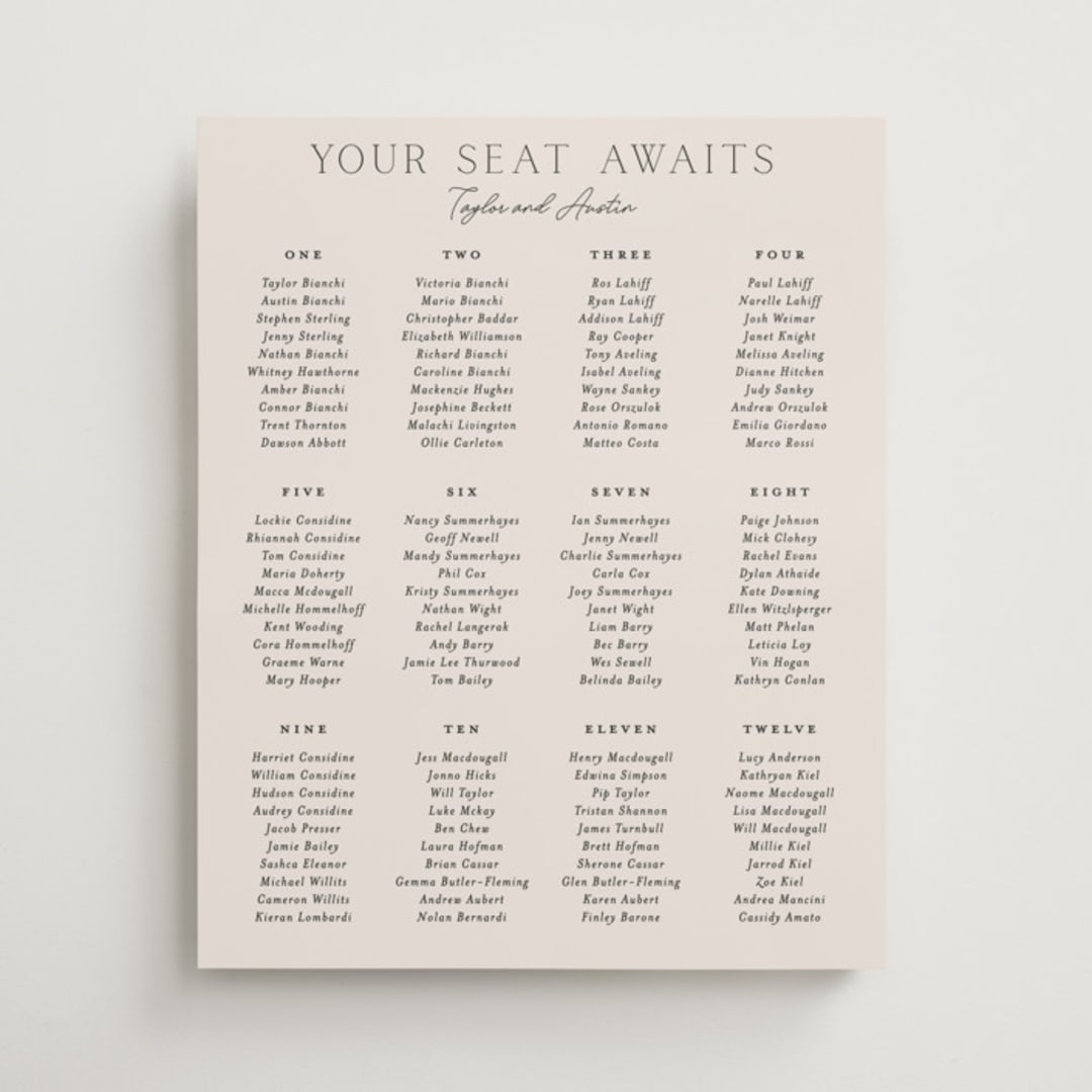 "In Love" - Custom Seating Charts in Linen by Vanessa Doyle - Front