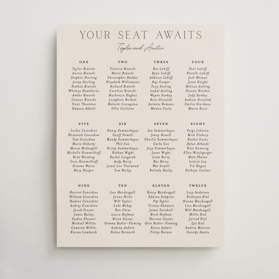 "In Love" - Custom Seating Charts in Linen by Vanessa Doyle - Front