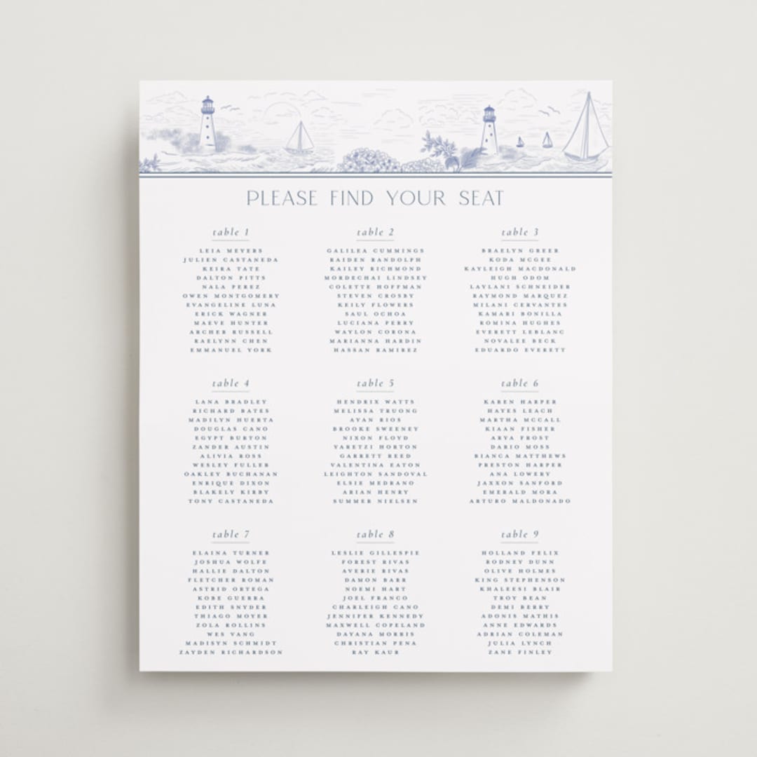 "Coastal Toile" - Custom Seating Charts in Periwinkle by Jenna Holcomb - Front