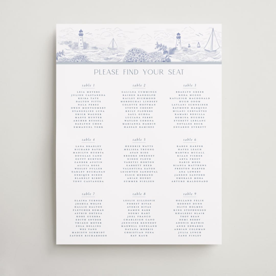 "Coastal Toile" - Custom Seating Charts in Periwinkle by Jenna Holcomb - Front