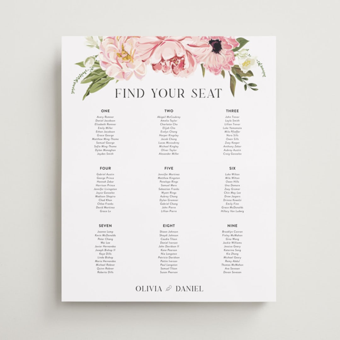 "Timeless Blooms" - Custom Seating Charts in Peony by Susan Moyal - Front