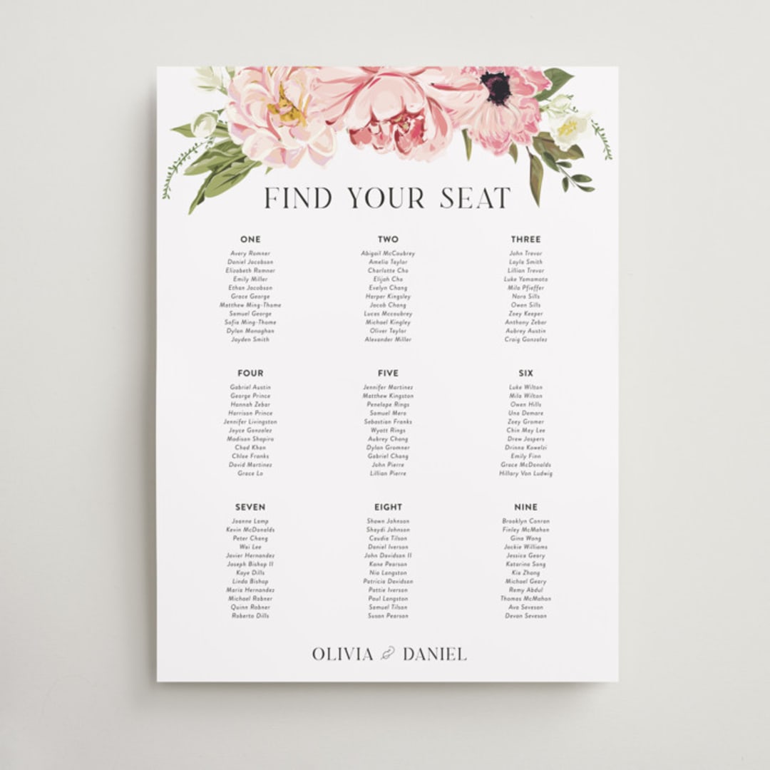 "Timeless Blooms" - Custom Seating Charts in Peony by Susan Moyal - Front