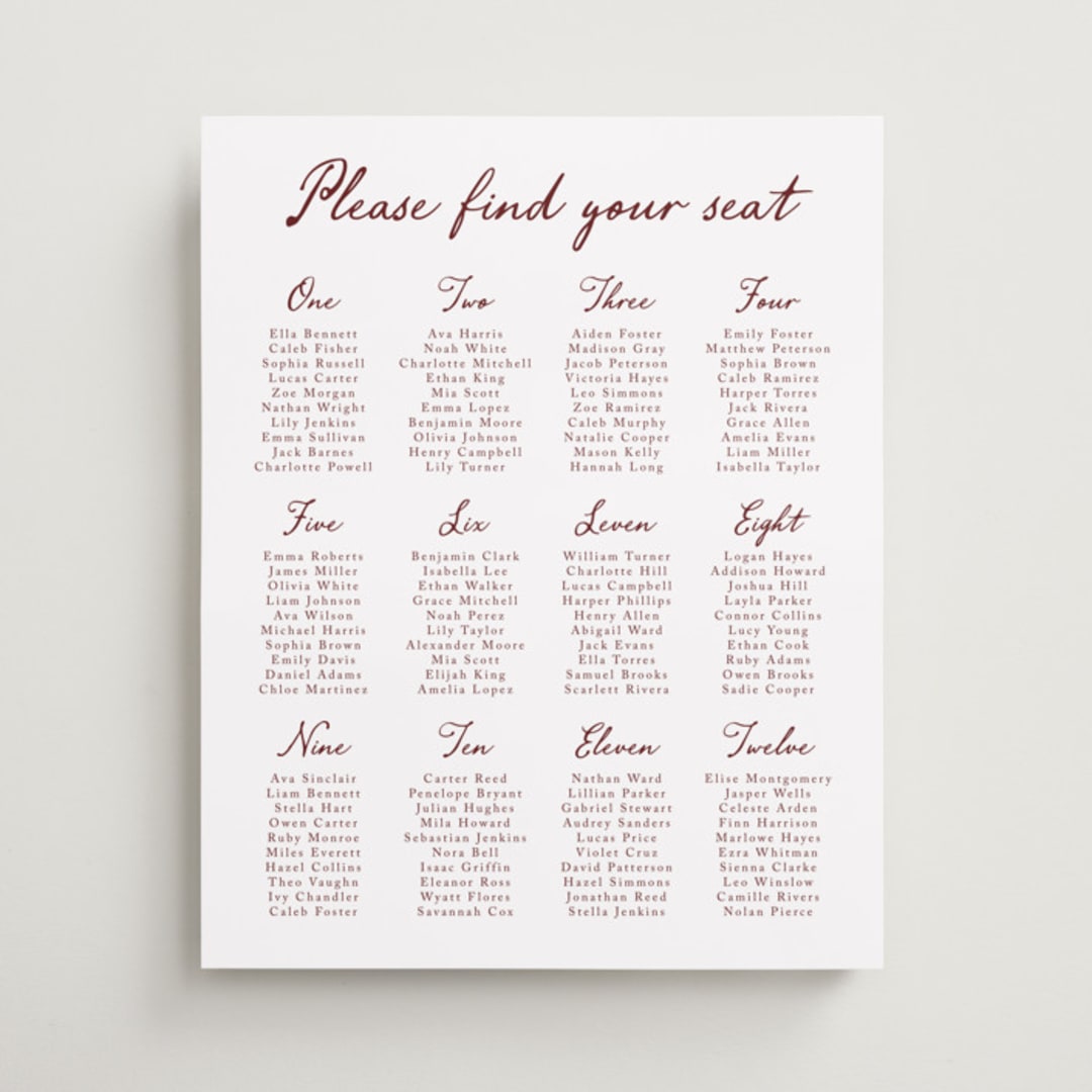 "Handwritten" - Custom Seating Charts in Wine by Cass Loh - Front