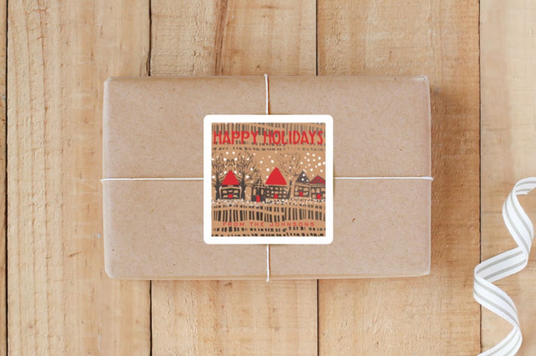"Snowy Village" - Custom Stickers in Firetruck by Deborah Velasquez - Front