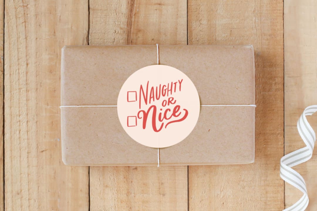 "Naughty or Nice" - Custom Stickers in Crimson by Alethea and Ruth - Front