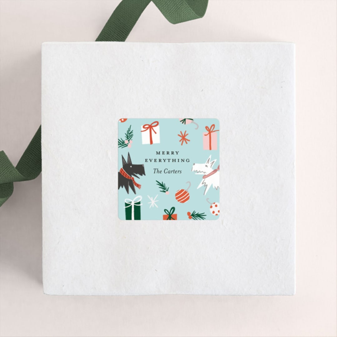 "Scotties In Scarves Gift Wrap" - Custom Stickers in Frost by Lissabeth Anglin - Front