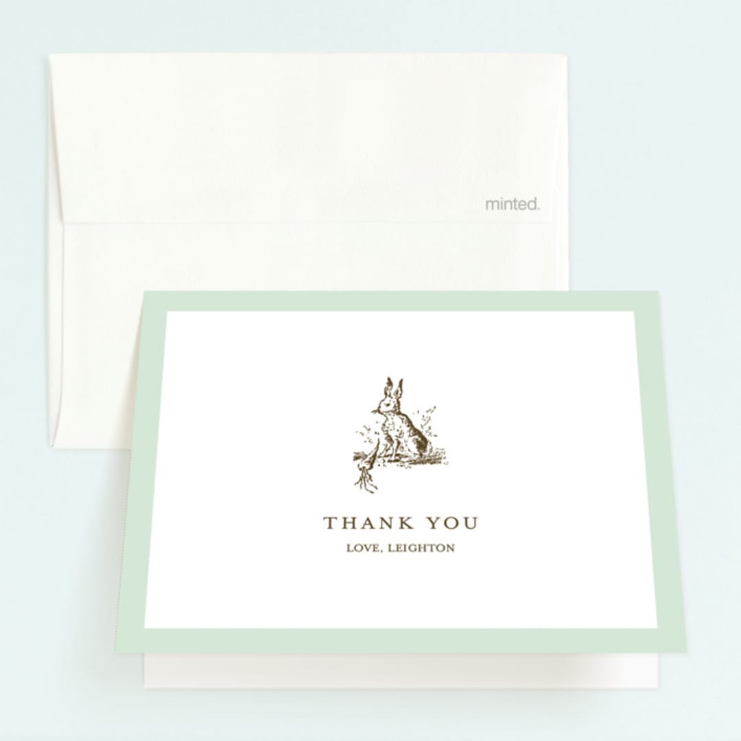 "Classic Bunny" - Children's Birthday Party Thank You Cards in Mint by Megan Davis - Front
