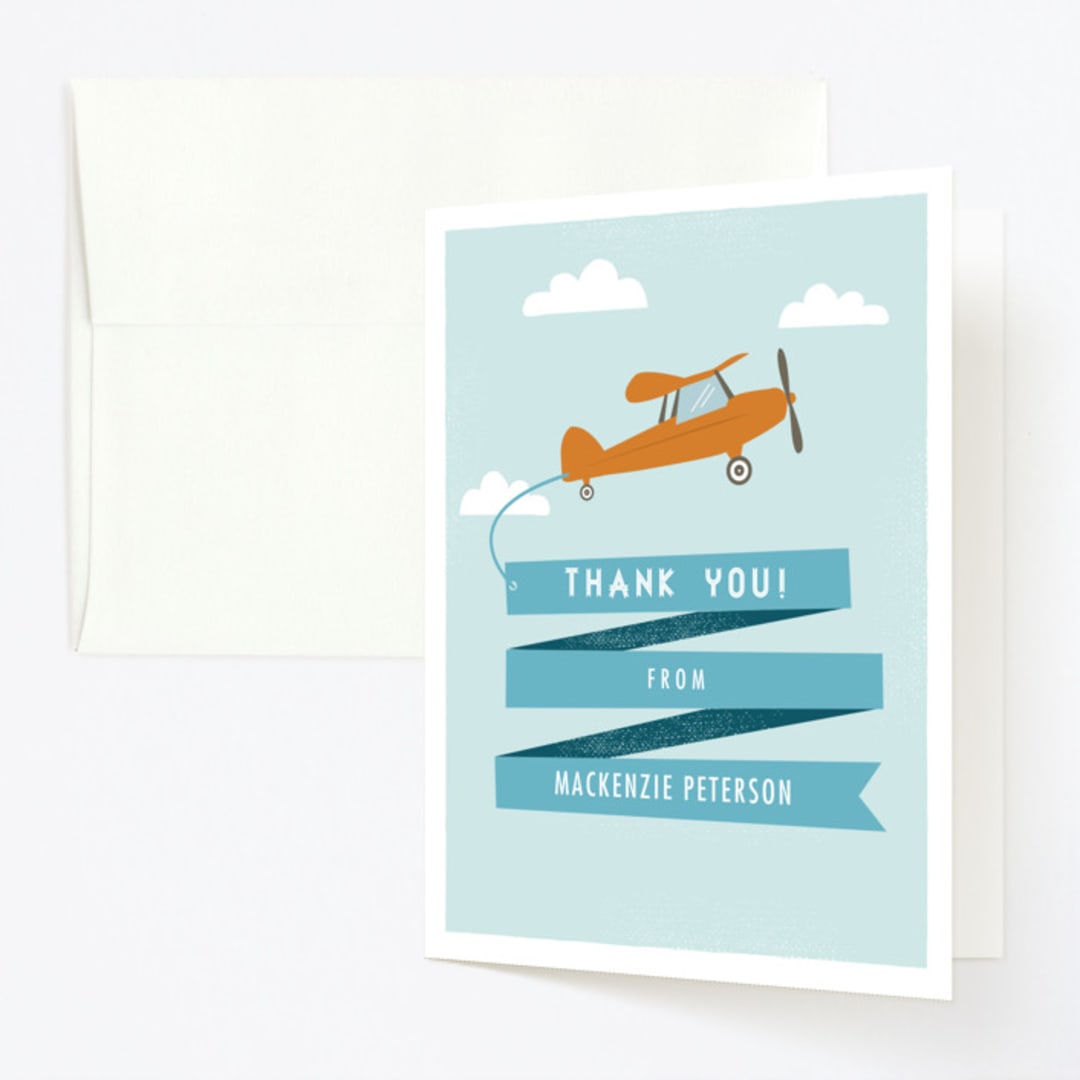 "Airplane News Stream" - Children's Birthday Party Thank You Cards in Sky by Karidy Walker - Front