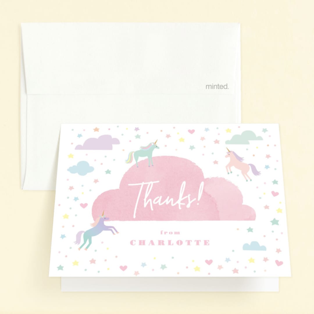 "Unicorn Dreams" - Children's Birthday Party Thank You Cards in Bubblegum by Jennifer Wick - Front