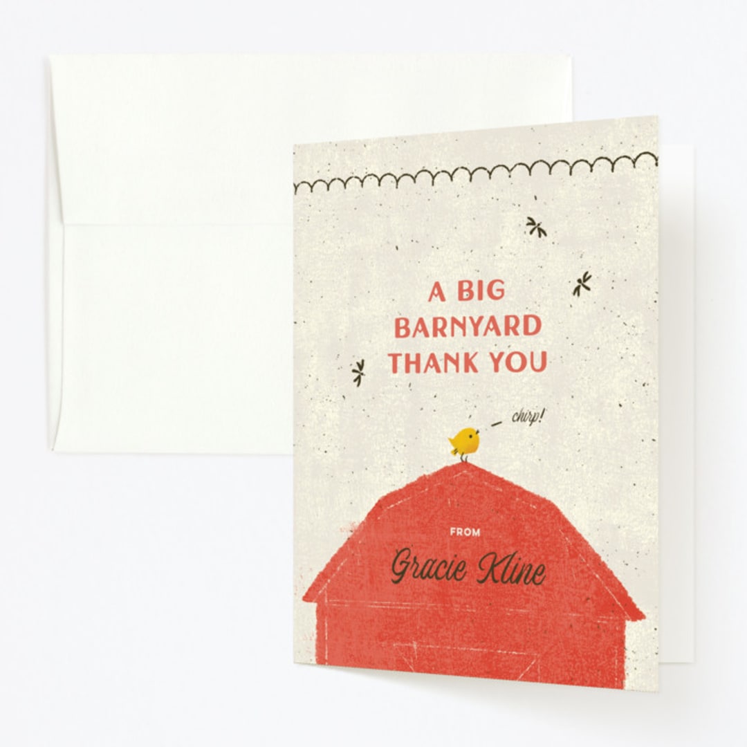 "Barnyard Parade" - Children's Birthday Party Thank You Cards in Barn by Kimberly Morgan - Front