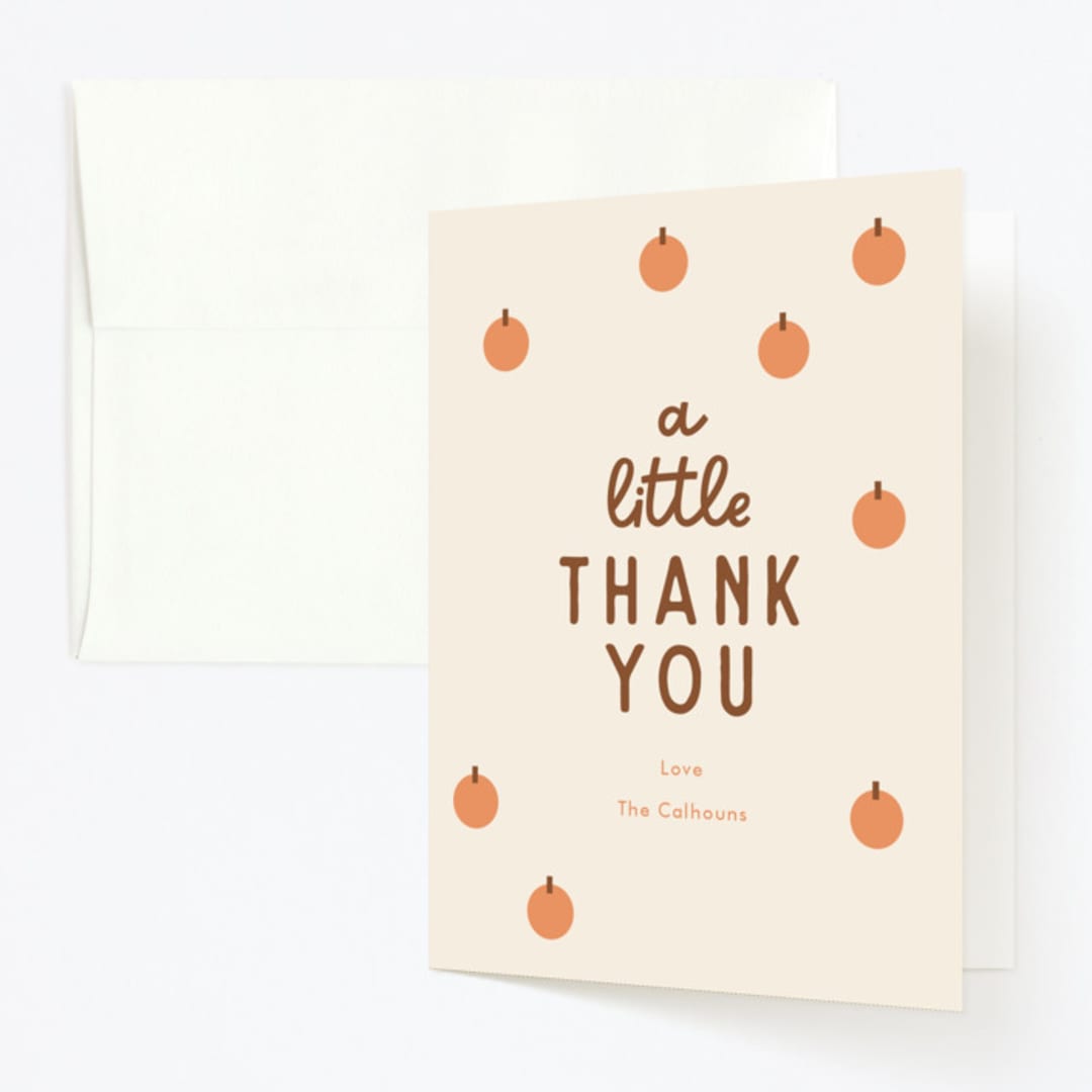 "A Little Pumpkin" - Children's Birthday Party Thank You Cards in Pumpkin by Baumbirdy - Front