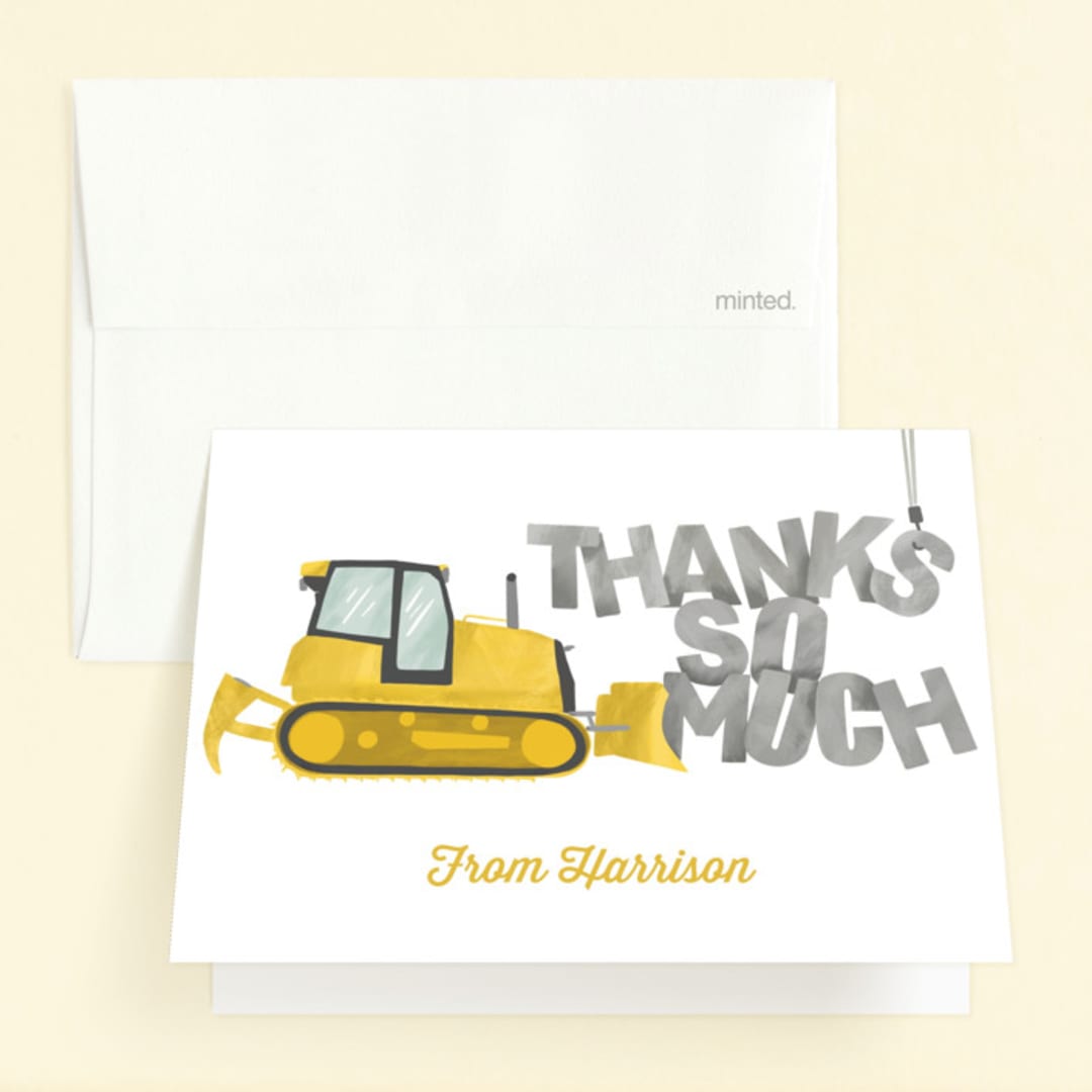 "Bulldozer Bash" - Children's Birthday Party Thank You Cards in Haystack by Joanna Griffin - Front