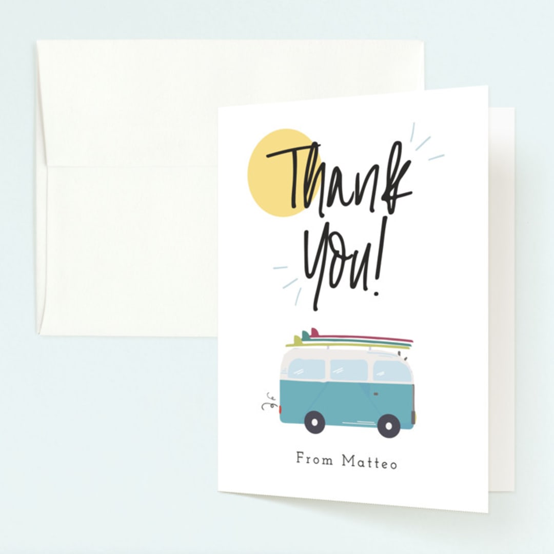 "Surfer's Dream Beach Bash" - Children's Birthday Party Thank You Cards in Blue Skies by Maggie Maeve - Front