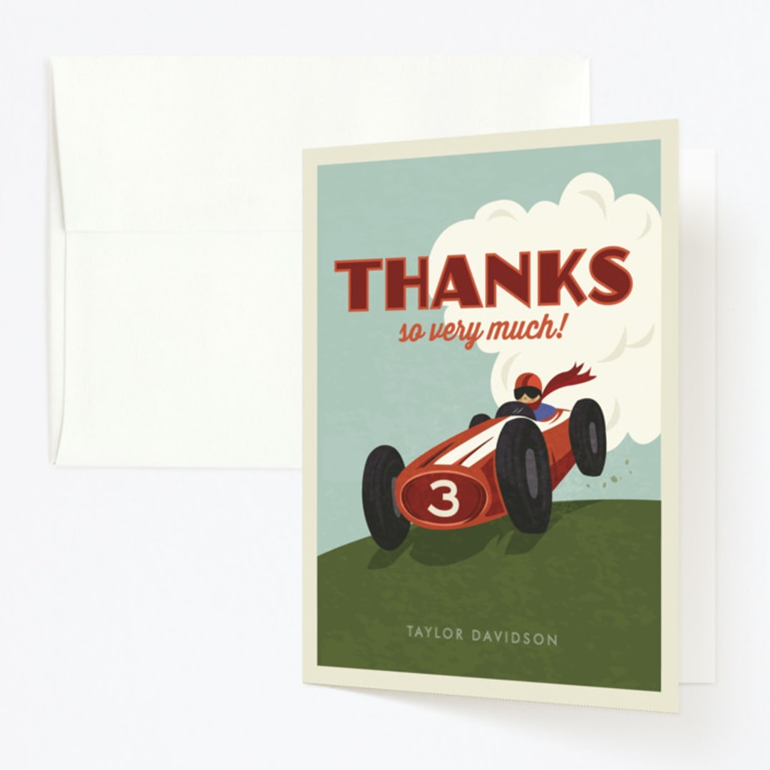 "Start Your Engines" - Children's Birthday Party Thank You Cards in Maroon by Karidy Walker - Front
