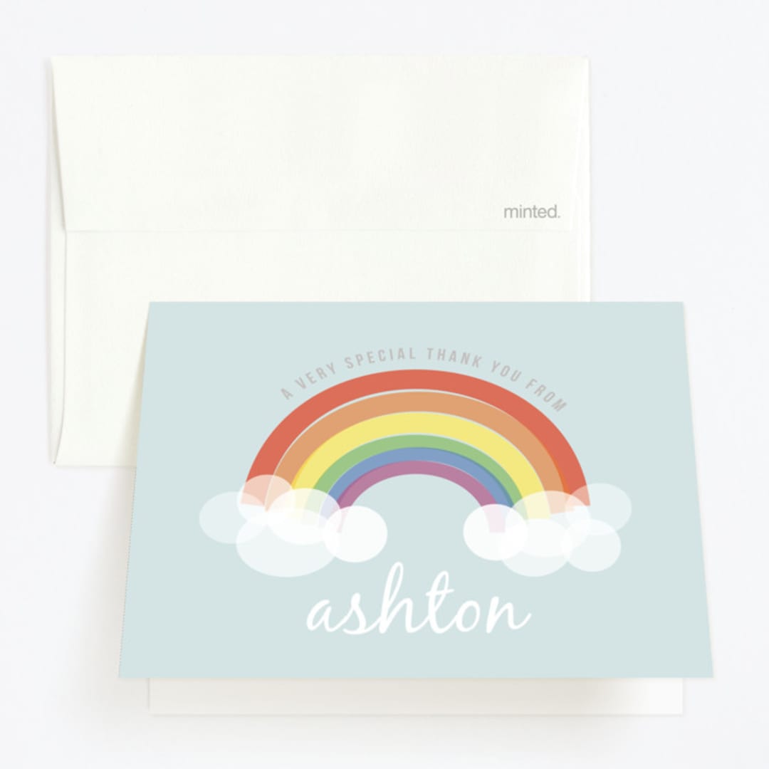 "Rainbow Celebration" - Children's Birthday Party Thank You Cards in Soft Teal by Angela Garrick - Front