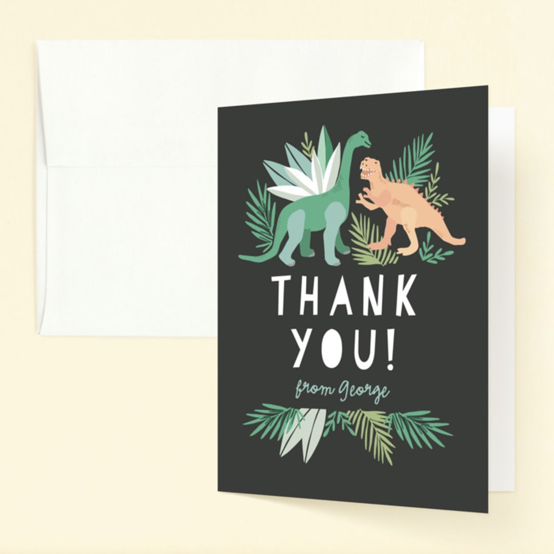 "Dino Friends" - Children's Birthday Party Thank You Cards in Graphite by Alethea and Ruth - Front