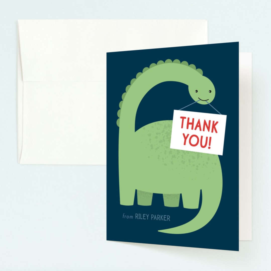 "Arched Dinosaur" - Children's Birthday Party Thank You Cards in Leaf by Kacey Kendrick Wagner - Front